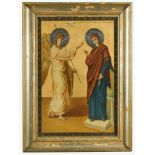 A late 19th century Greek icon, dated 1899, depicting the Annunciation, within a Rowley Gallery gilt
