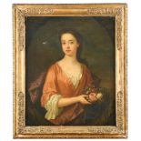 English School, circa 1720 Portrait of a young lady, half-length, in an orange dress with a brown