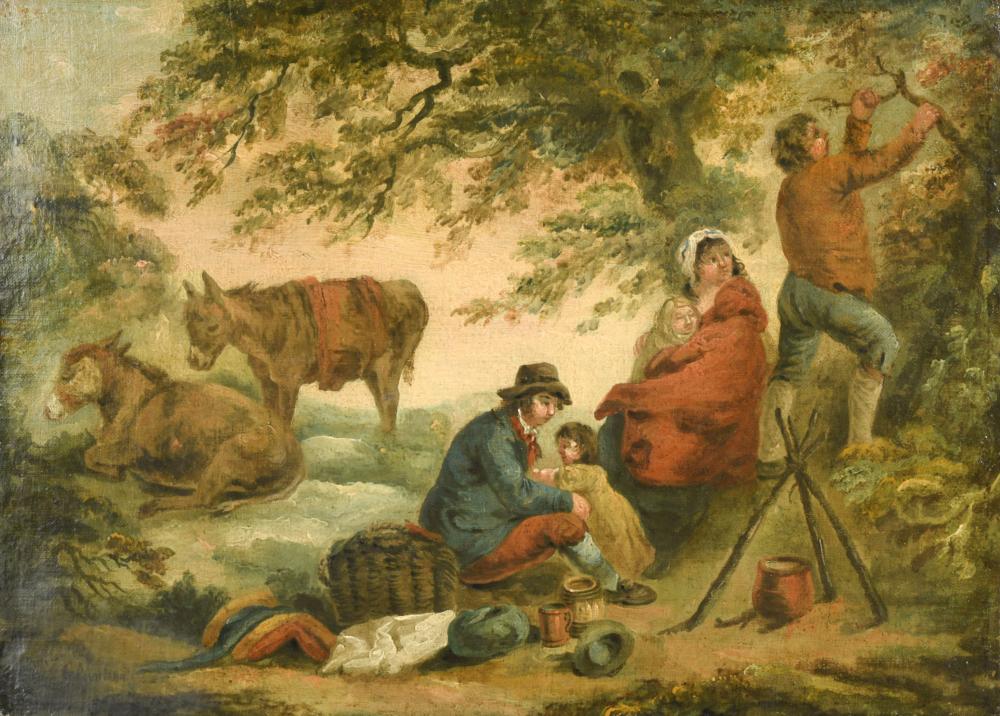 Attributed to George Morland (British, 1763-1804) A gypsy family with two donkeys in woodland