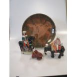 Two Staffordshire figure groups, another figure riding an elephant, 2 Rouen pots, 2 lustre 'clock'