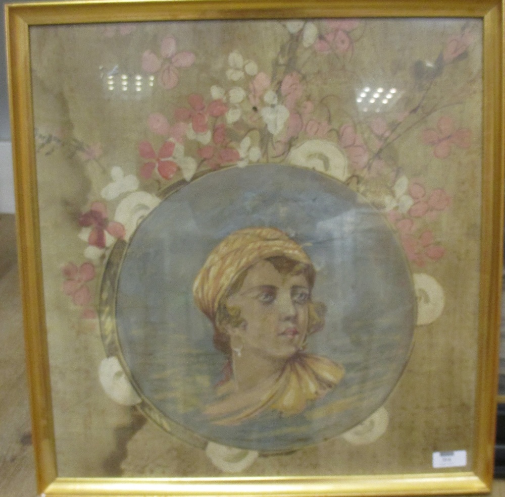 Continental School (early 20th century) 'portrait of a woman surrounded by flowers, mixed media on