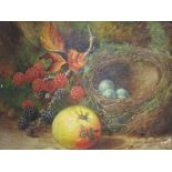 William Hughes (British, 1842-1901), Still life of blackberries, an apple and a blackbirds's nest on