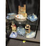 Items of Staffordshire blue and white pottery, to include a tureen and cover, quarter dishes,