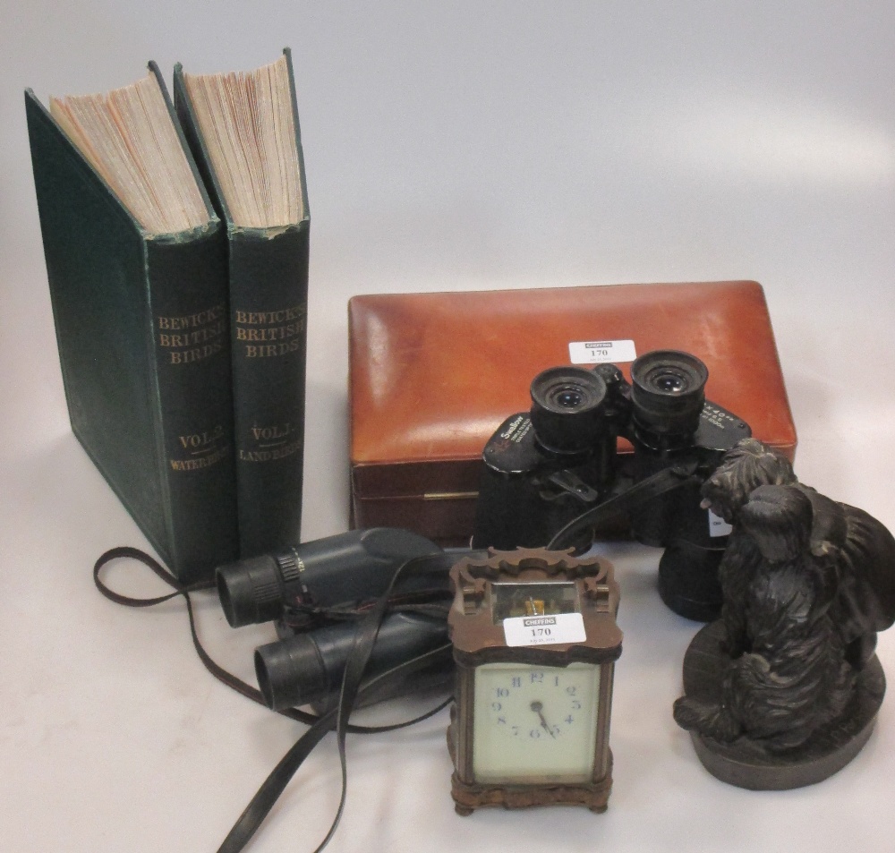 A carriage clock, a cigar box, Bewick British birds, 2 vols, two resin groups (A/F) and two pair