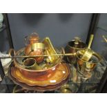 A collection of copper, brass and metalware, including a scuttle, trivet, jam pan, kettle, convex