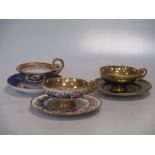 Four late period Sevres cabinet cups and saucers (one cup glued), two other French porcelain painted