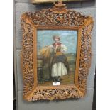 English School, 19th Century, A Harvest maiden, oil on canvas, in a Chinese carved frame, 29 x 20cm