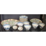 Five Chinese blue and white tea bowls; and another tea bowl; seven Chinese saucers and two Cantonese