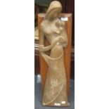 A carved oak figure of Madonna and child in flattened perspective, signed 'Demetz Eugen' and dated