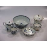 A group of English porcelain to include a Lowestoft tea bowl, Worcester mustard and Caughely tea