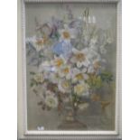 Margaret Felkin (British, 1884-1971) Flower Group - a still life of delphiniums, lilies and roses