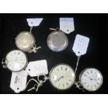A collection of five Victorian silver key wind open faced pocket watches with keys