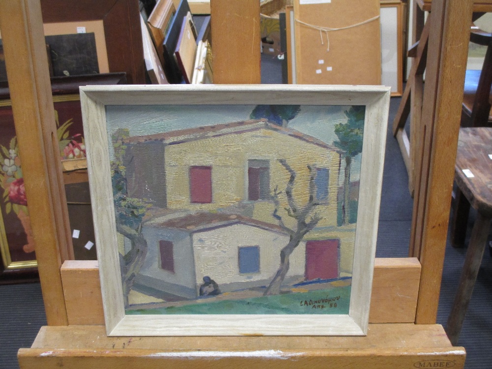 E. A Economou (Cypriot, b. 1930) 'A house with a seated figure', signed and dated '59', oil on - Bild 6 aus 7