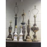 A collection of lamps to include, a pair of large glass and brass lustre lamps, 102cm high, a