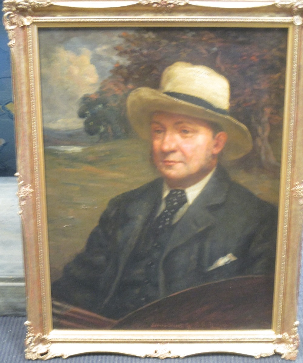 E B Narae (British, early 20th Century), Portrait of Edwin Elliot, seated, in straw hat and