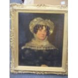English School, 19th Century, Portrait of a lady, in lace-trimmed black dress and lace mob cap,