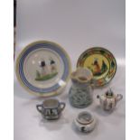 A group of Quimper/Rouen type pottery wares, various shapes and sizes, typical colours and