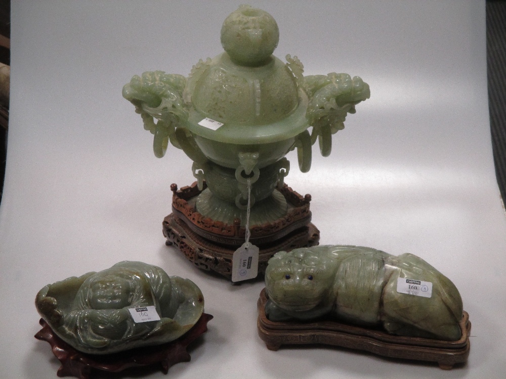 A modern green Jadeite censer on hard wood stand 31cm high (A/F) together with a similarly carved