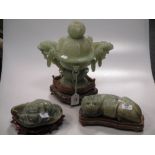 A modern green Jadeite censer on hard wood stand 31cm high (A/F) together with a similarly carved