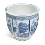 A large blue and white jardiniere, 20th century, painted with alternate panels of landscape and