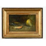 Late 19th/early 20th Century, Still life with lemon, oil on mahogany panel, unsigned, 12 x 18 cm