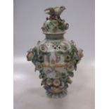 An Bow porcelain 18th century frill vase and cover, encrusted with foliage