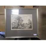 Two prints after Paul Sandby and Jean Corot, a Chinese silk panel, and 3 moulded profile miniature