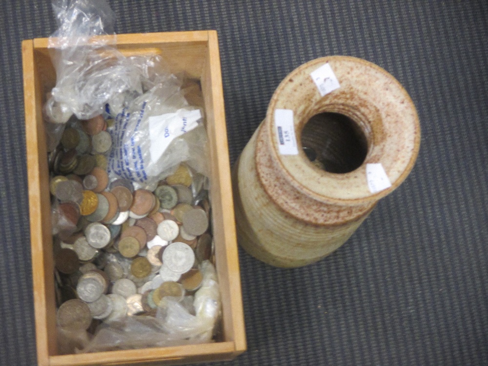 A 20th century art pottery vase and a collection of misc coins