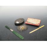 Two inlaid tortoiseshell boxes, an enamel and ivory letter opener, a jade letter opener, and a cased