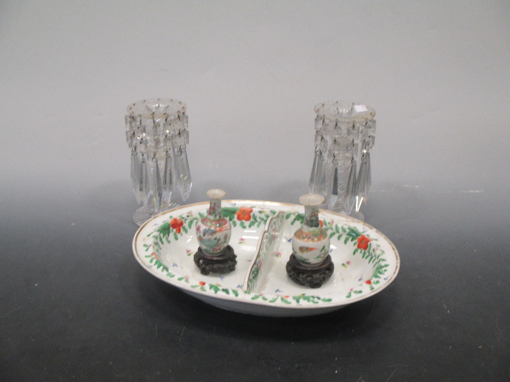 A small collection of ceramics and glass - a pair of cut glass candlesticks with pendant finge, a