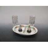 A small collection of ceramics and glass - a pair of cut glass candlesticks with pendant finge, a