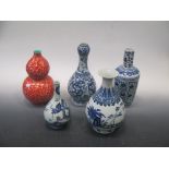 Five various Chinese blue & white polychrome vases in Qing and Ming style. The largest 34cm high