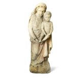 A North European Medieval style carved stone Madonna and Child, 85 cm high