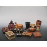 A large collection of wooden boxes including mauchline ware