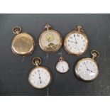 A collection of six gold plated pocket watches, comprising an unsigned quarter repeating full