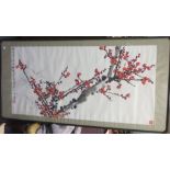 A Japanese watercolour painting of prunus blossom, 66 x 135cm and an Asian / Indian painting on