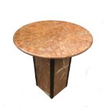 A Rosso Antico marble occasional table, the circular top on square section column support with