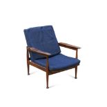 A mid-20th century afromosia wood adjustable lounge chair, probably Danish, with blue wool