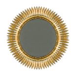 A large Mid-Century gilt-metal sunburst mirror, with circular plate within a repeated leaf design