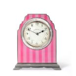 A George V silver cased and two-tone pink striped enamel boudoir mantle clock, by Walker & Hall,