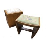 An Art Deco walnut stool, with tapestry seat over in-swept ends united by stretcher, together with