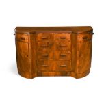 An Art Deco walnut breakfront side cabinet, the curved sides with pivot-opening drawers above