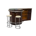 An Art Deco rosewood drinks bar and four stools, the curving mirrored top above highly lacquered