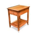 An Art Deco satin walnut drinks table, the three-quarter gallery top with glass topped slide to