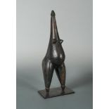 A contemporary phallic bronze sculpture, mounted to a rectangular plinth base etched to the