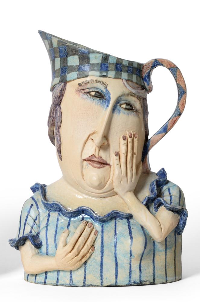 § Amanda Popham (born 1954), 'Big Check Hat Sister', a studio pottery jug, wearing a stripy top,