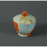 A small wiener werkstätte painted terracotta pot & cover, of tapering cylindrical form painted