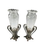 A pair of WMF pewter two-handled vases, each with acid etched glass liners (2) 36cm (14in) One glass