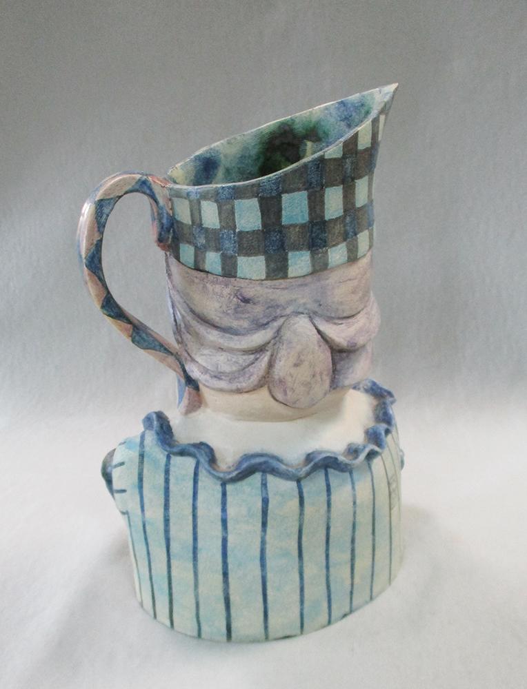 § Amanda Popham (born 1954), 'Big Check Hat Sister', a studio pottery jug, wearing a stripy top, - Image 3 of 5