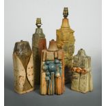 § Bernard Rooke, (British, born 1938), five stoneware table lamp bases, variously glazed,